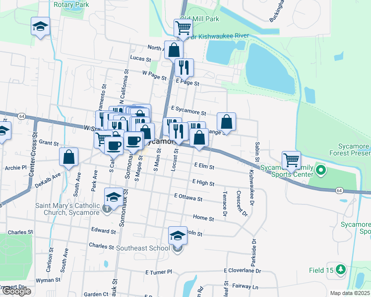 map of restaurants, bars, coffee shops, grocery stores, and more near 202 East State Street in Sycamore