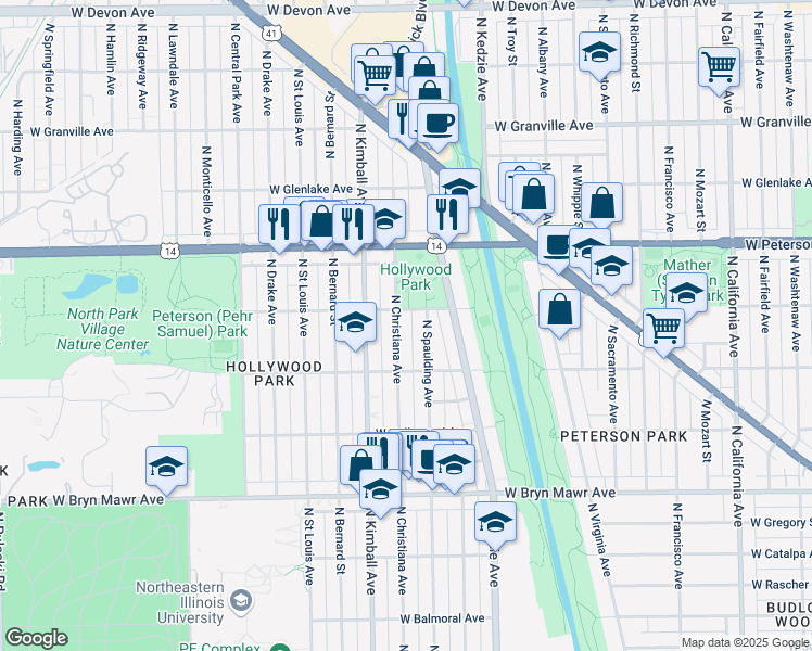 map of restaurants, bars, coffee shops, grocery stores, and more near 5847 N Christiana Ave in Chicago