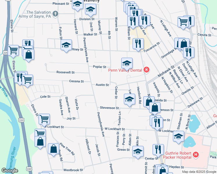 map of restaurants, bars, coffee shops, grocery stores, and more near 101 Austin Street in Sayre