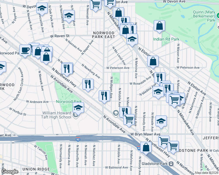 map of restaurants, bars, coffee shops, grocery stores, and more near 5851 North Mulligan Avenue in Chicago