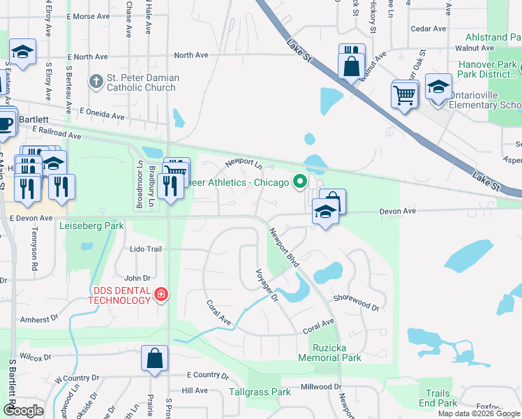 map of restaurants, bars, coffee shops, grocery stores, and more near 385 Newport Lane in Bartlett