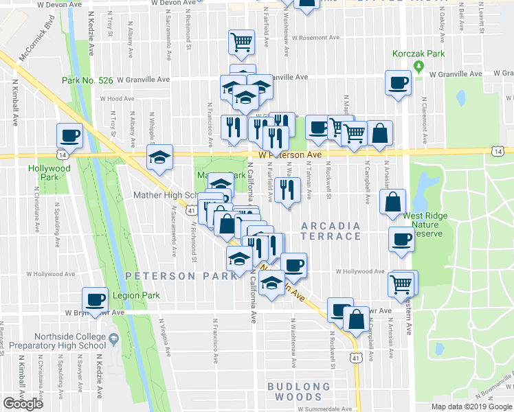 map of restaurants, bars, coffee shops, grocery stores, and more near 5843 North California Avenue in Chicago