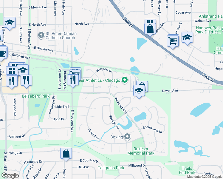 map of restaurants, bars, coffee shops, grocery stores, and more near 385 Newport Lane in Bartlett
