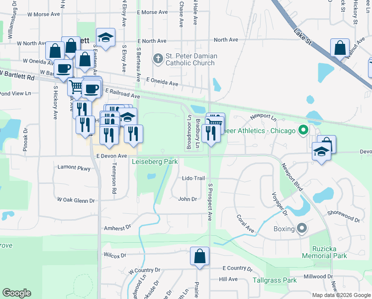 map of restaurants, bars, coffee shops, grocery stores, and more near 390 Broadmoor Lane in Bartlett