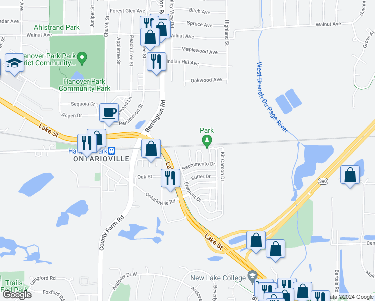 map of restaurants, bars, coffee shops, grocery stores, and more near 6382 Nugget Circle in Hanover Park
