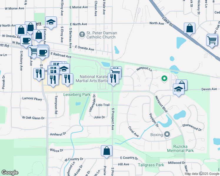 map of restaurants, bars, coffee shops, grocery stores, and more near 394 South Prospect Avenue in Bartlett
