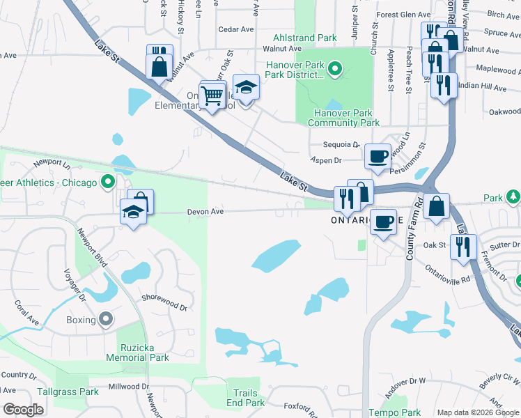 map of restaurants, bars, coffee shops, grocery stores, and more near 2086 East Devon Avenue in Hanover Park
