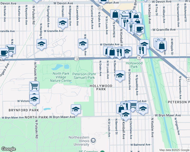 map of restaurants, bars, coffee shops, grocery stores, and more near 5849 North Central Park Avenue in Chicago