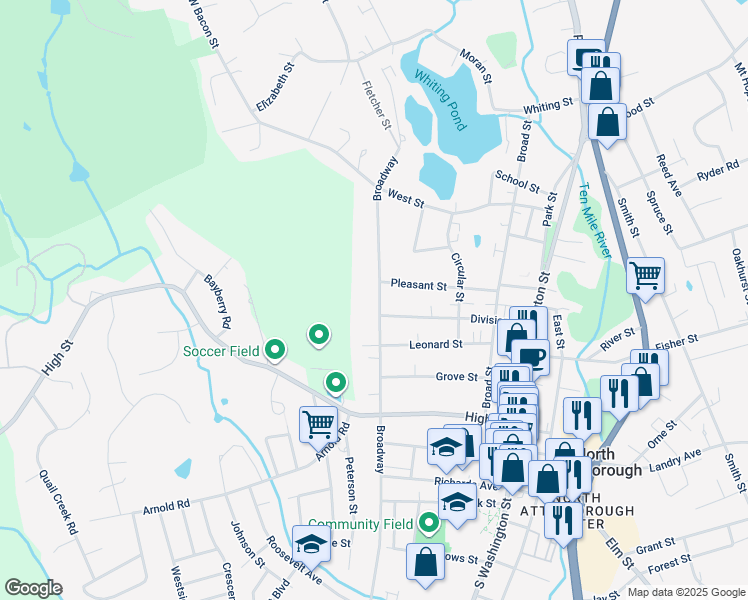 map of restaurants, bars, coffee shops, grocery stores, and more near 440 Broadway in North Attleborough