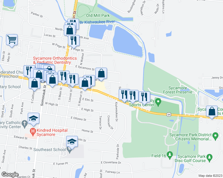 map of restaurants, bars, coffee shops, grocery stores, and more near 452 East Exchange Street in Sycamore