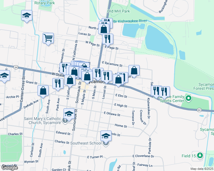 map of restaurants, bars, coffee shops, grocery stores, and more near 202 East State Street in Sycamore
