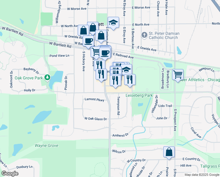 map of restaurants, bars, coffee shops, grocery stores, and more near 399 South Main Street in Bartlett