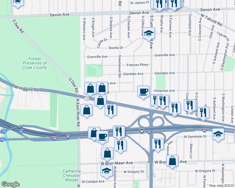 map of restaurants, bars, coffee shops, grocery stores, and more near 1205 Peterson Avenue in Park Ridge