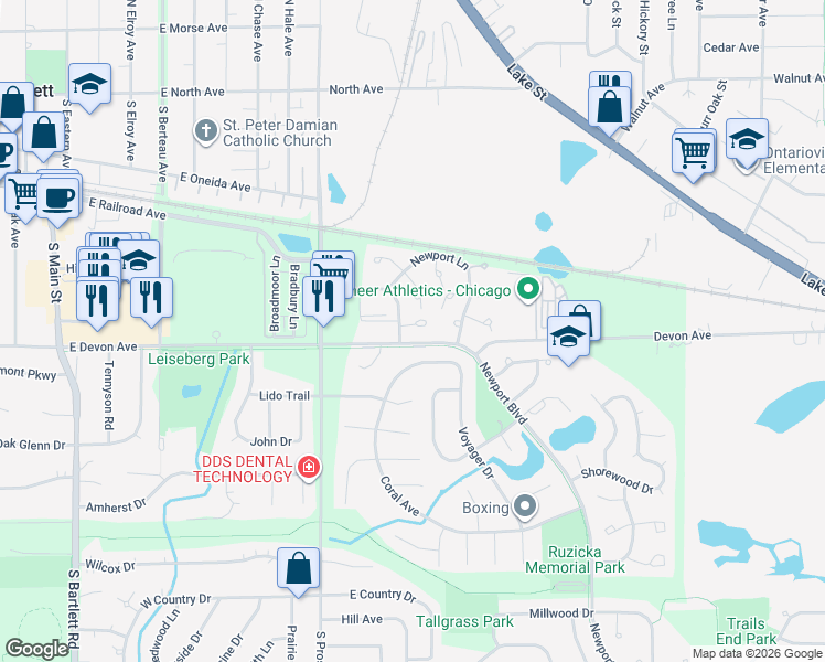 map of restaurants, bars, coffee shops, grocery stores, and more near 684 Wilmington Drive in Bartlett