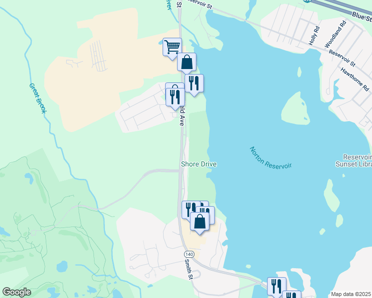 map of restaurants, bars, coffee shops, grocery stores, and more near 225 Mansfield Avenue in Norton