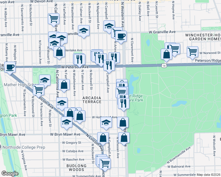 map of restaurants, bars, coffee shops, grocery stores, and more near 5841 North Campbell Avenue in Chicago
