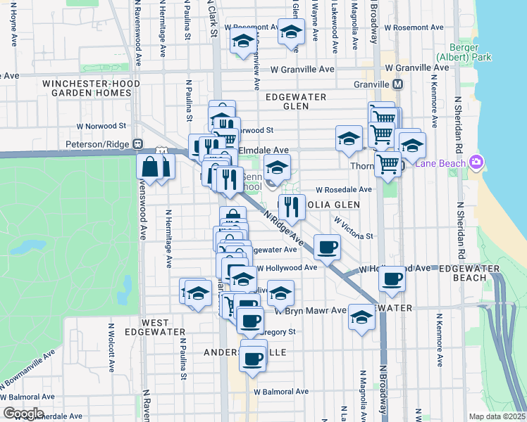 map of restaurants, bars, coffee shops, grocery stores, and more near N Ridge Ave & W Ardmore Ave in Chicago