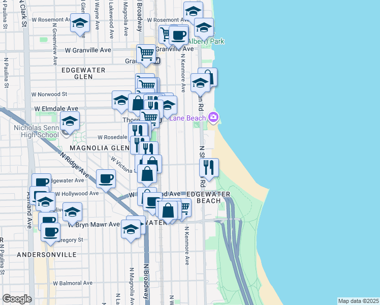 map of restaurants, bars, coffee shops, grocery stores, and more near 5825 North Kenmore Avenue in Chicago