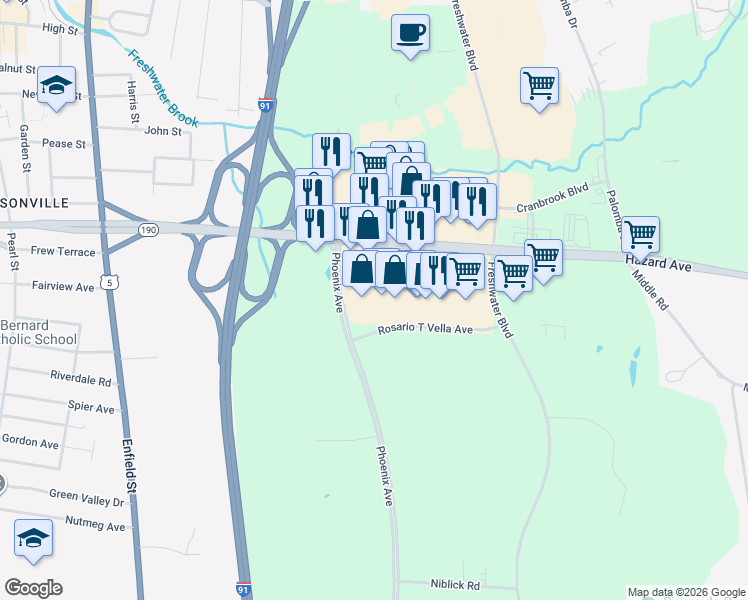 map of restaurants, bars, coffee shops, grocery stores, and more near 14 Hazard Avenue in Enfield