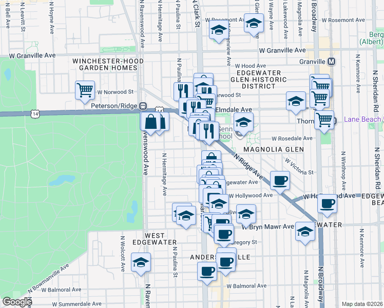 map of restaurants, bars, coffee shops, grocery stores, and more near 1617 West Thorndale Avenue in Chicago