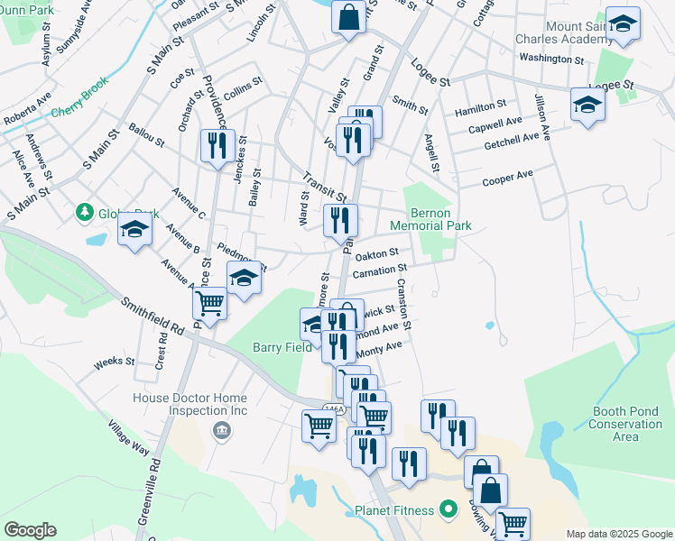 map of restaurants, bars, coffee shops, grocery stores, and more near 1119 Park Avenue in Woonsocket