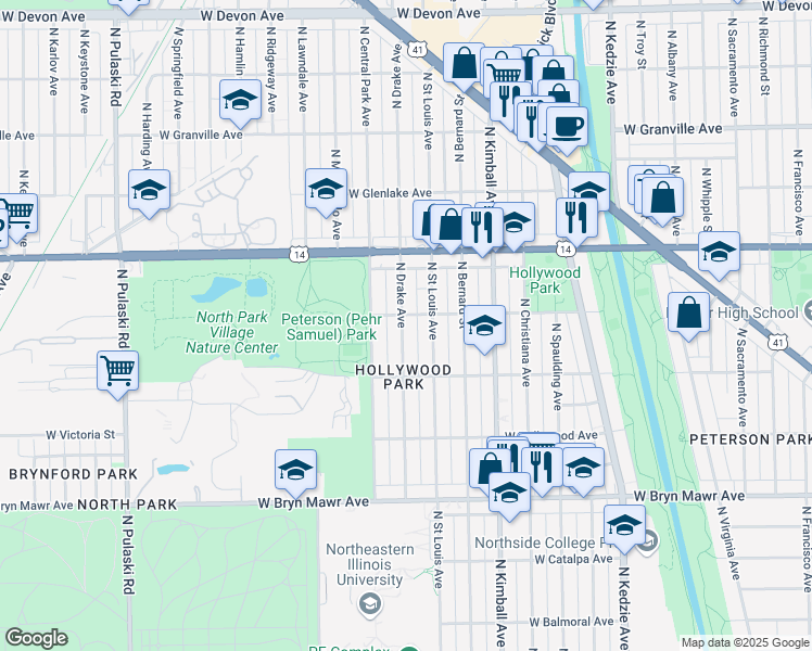 map of restaurants, bars, coffee shops, grocery stores, and more near 5853 North Drake Avenue in Chicago