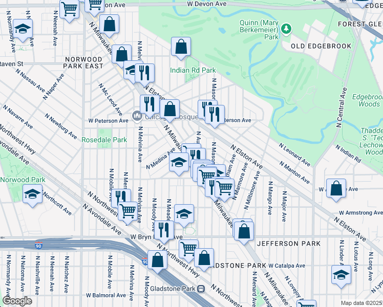 map of restaurants, bars, coffee shops, grocery stores, and more near 5813 North Milwaukee Avenue in Chicago