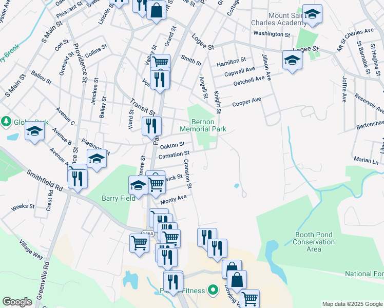 map of restaurants, bars, coffee shops, grocery stores, and more near 149 Carnation Street in Woonsocket
