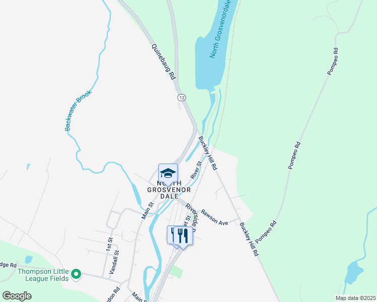 map of restaurants, bars, coffee shops, grocery stores, and more near 46 River Street in Thompson