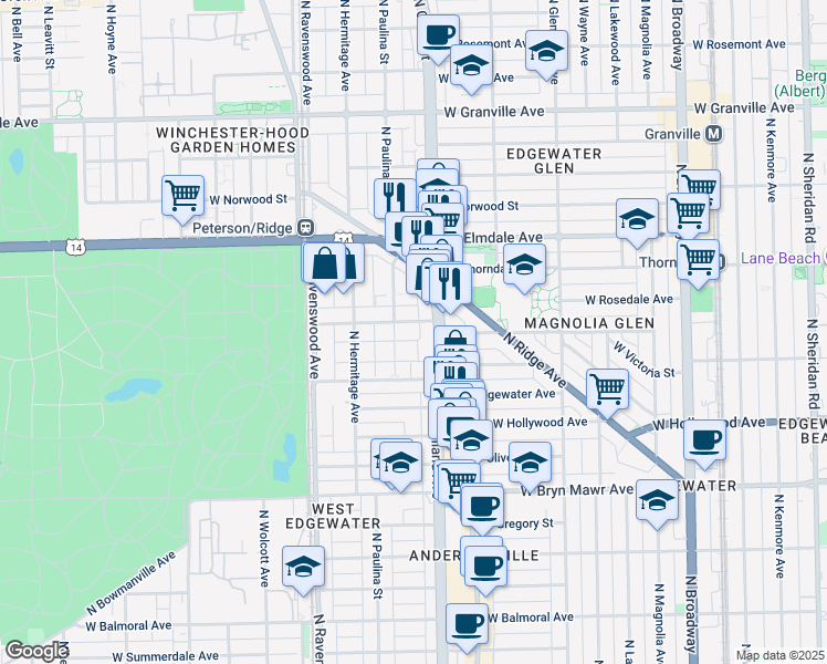 map of restaurants, bars, coffee shops, grocery stores, and more near 1617 West Thorndale Avenue in Chicago