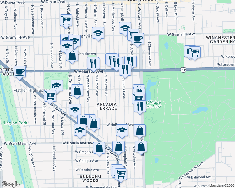 map of restaurants, bars, coffee shops, grocery stores, and more near 5841 North Maplewood Avenue in Chicago