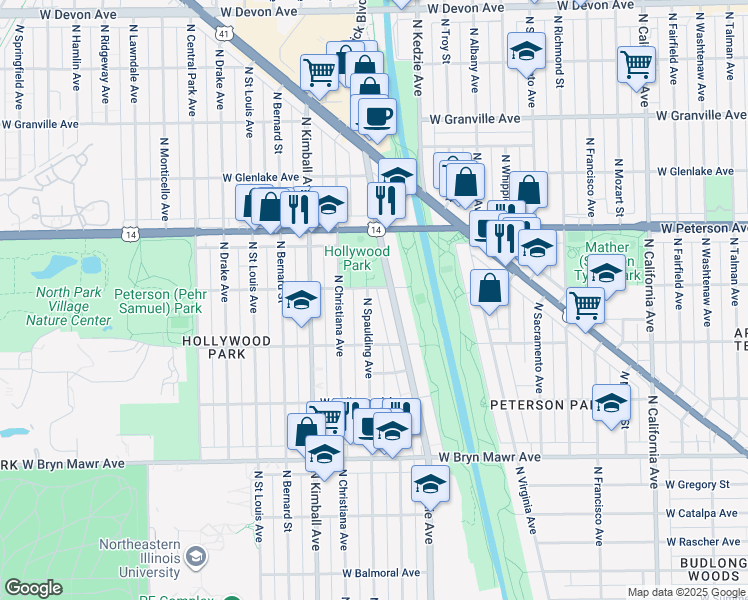 map of restaurants, bars, coffee shops, grocery stores, and more near 5843 North Spaulding Avenue in Chicago