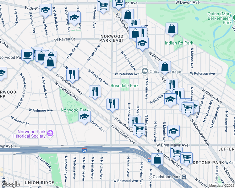 map of restaurants, bars, coffee shops, grocery stores, and more near 5867 North Nagle Avenue in Chicago