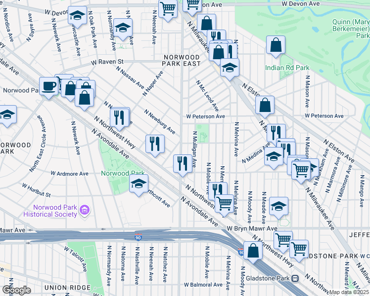 map of restaurants, bars, coffee shops, grocery stores, and more near 5867 North Nagle Avenue in Chicago