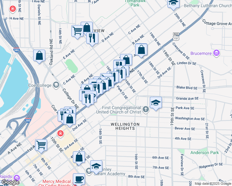 map of restaurants, bars, coffee shops, grocery stores, and more near 1545 2nd Avenue Southeast in Cedar Rapids