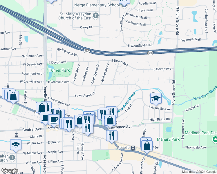 map of restaurants, bars, coffee shops, grocery stores, and more near 405 East Granville Avenue in Roselle