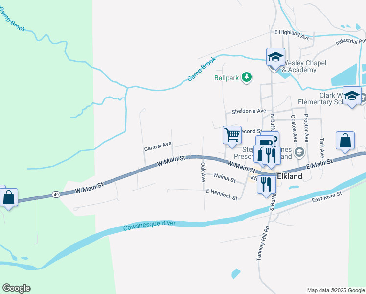 map of restaurants, bars, coffee shops, grocery stores, and more near 101 Bender Lane in Elkland