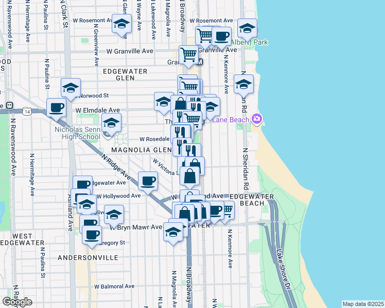map of restaurants, bars, coffee shops, grocery stores, and more near 5839 North Broadway in Chicago