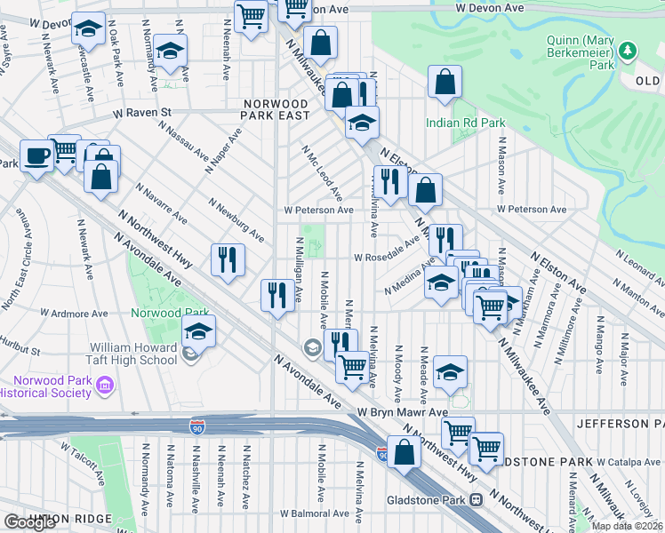 map of restaurants, bars, coffee shops, grocery stores, and more near 5850 North Merrimac Avenue in Chicago