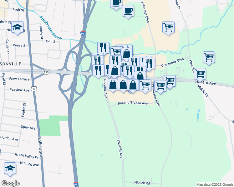 map of restaurants, bars, coffee shops, grocery stores, and more near 14 Hazard Avenue in Enfield