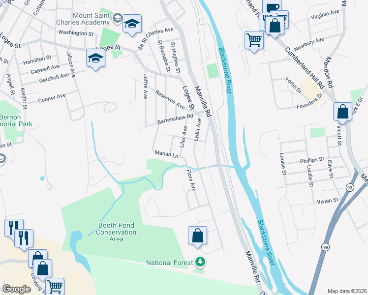 map of restaurants, bars, coffee shops, grocery stores, and more near 144 Lilac Avenue in Woonsocket