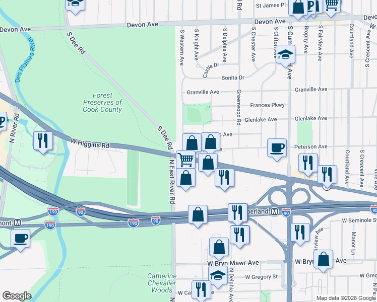 map of restaurants, bars, coffee shops, grocery stores, and more near 1440 West Higgins Road in Park Ridge