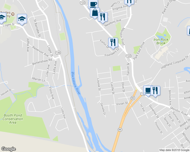 map of restaurants, bars, coffee shops, grocery stores, and more near 65 Louise Street in Woonsocket