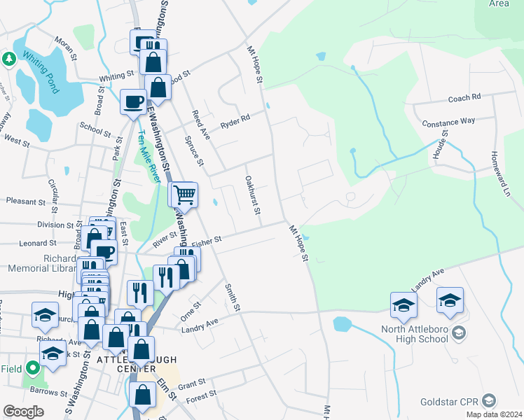 map of restaurants, bars, coffee shops, grocery stores, and more near 25 Oakhurst St in North Attleborough