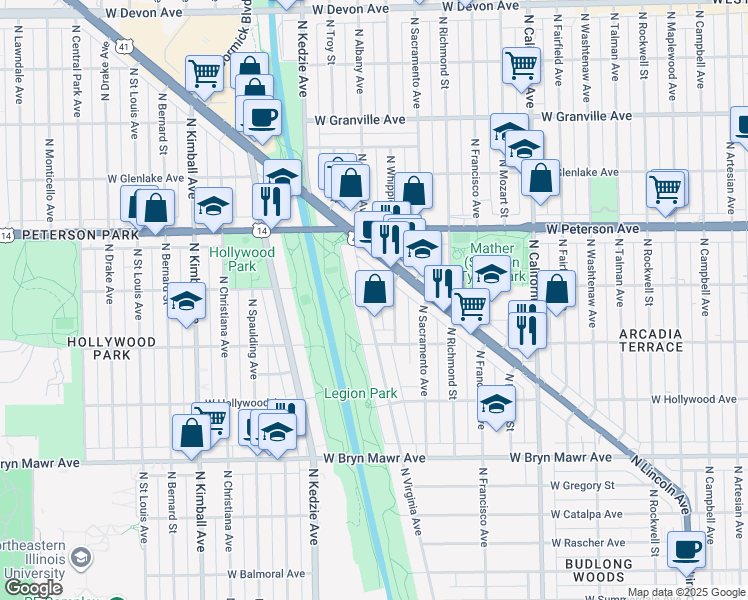 map of restaurants, bars, coffee shops, grocery stores, and more near 5843 North Virginia Avenue in Chicago