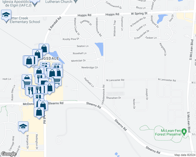 map of restaurants, bars, coffee shops, grocery stores, and more near 2444 Daybreak Court in Elgin