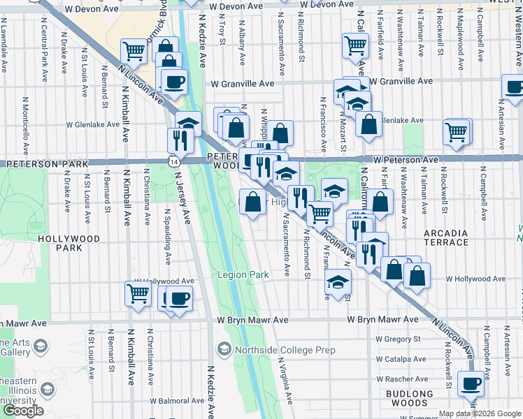 map of restaurants, bars, coffee shops, grocery stores, and more near 5843 North Whipple Street in Chicago