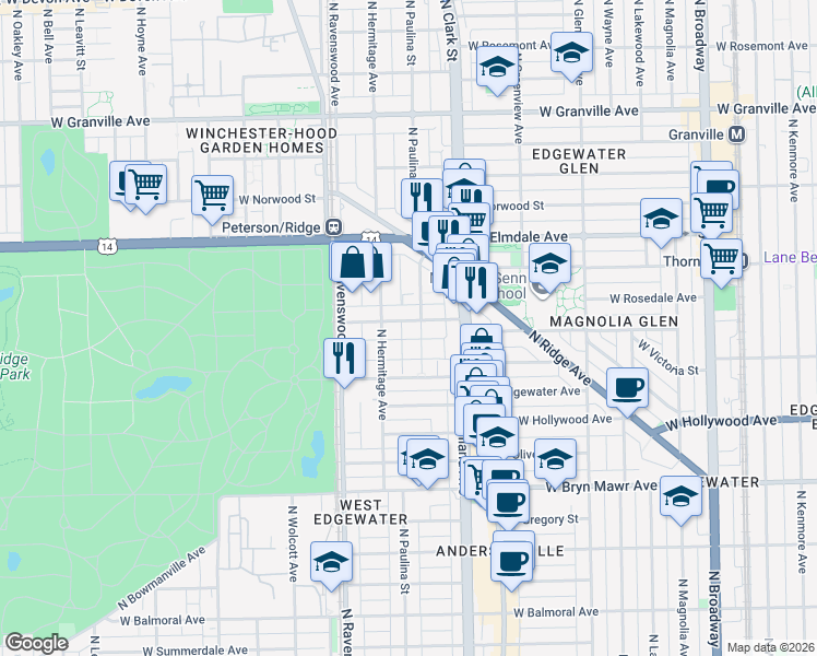 map of restaurants, bars, coffee shops, grocery stores, and more near 1711 West Thorndale Avenue in Chicago