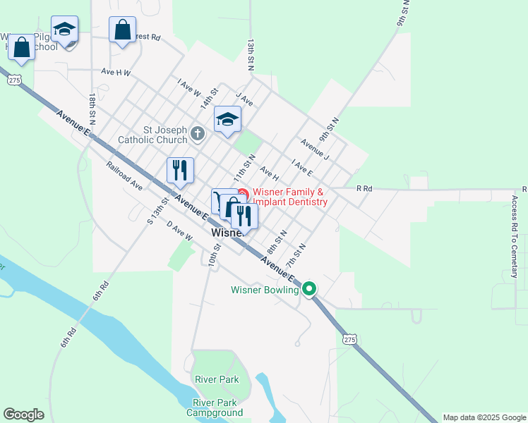 map of restaurants, bars, coffee shops, grocery stores, and more near 609 9th Street North in Wisner