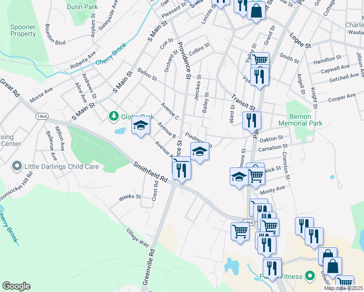 map of restaurants, bars, coffee shops, grocery stores, and more near 620 Providence Street in Woonsocket